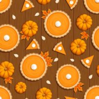 An illustration of a wooden background with multiple pumpkin pies, and slices of pumpkin pie arrange on it, with mini pumpkin and orange leaves between them for National Pumpkin Pie Day.