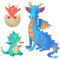 Three cute dragon cartoon images, the top left is an orange baby dragon hatching from a shell, the one below it is a teal teenage dragon blowing a small flame, and the one on the right is a fully grown adult blue dragon with a peaceful look on his face, and his eyes closed.