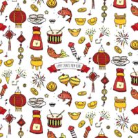 Tiny images of Chinese New Year symbols filling a white square background, including fish, drums, coins, dumplings, ingots, red lanterns, mystic knots, fireworks, firecrackers and gold coins all surrounding a banner that says 