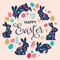The words Happy Easter surrounded by an illustration of brightly colored easter eggs, flowers, greenery and blue bunnies jumping in a circle.