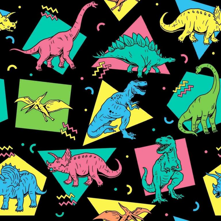 A black background with geometric shapes in neon colors, and several dinosaurs on top of them.