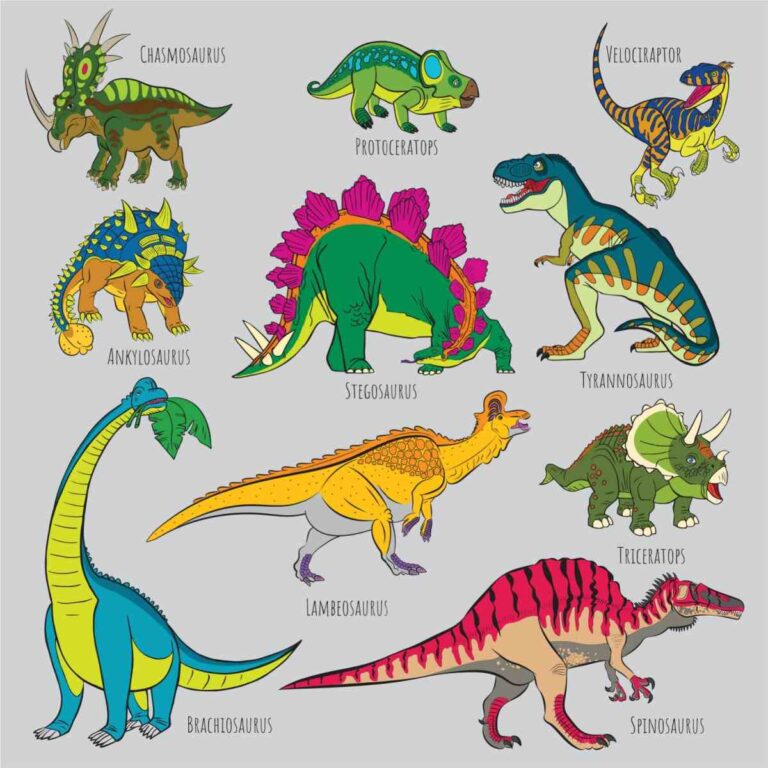 A grey background with ten dinosaur images on them with their names beside them, including a velociraptor, tyrannosaurus, triceratops, spinosaurus, protoceratops, stegosaurus, lambeosaurus, chasmosaurus, ankylosaurus and brachiosaurus.