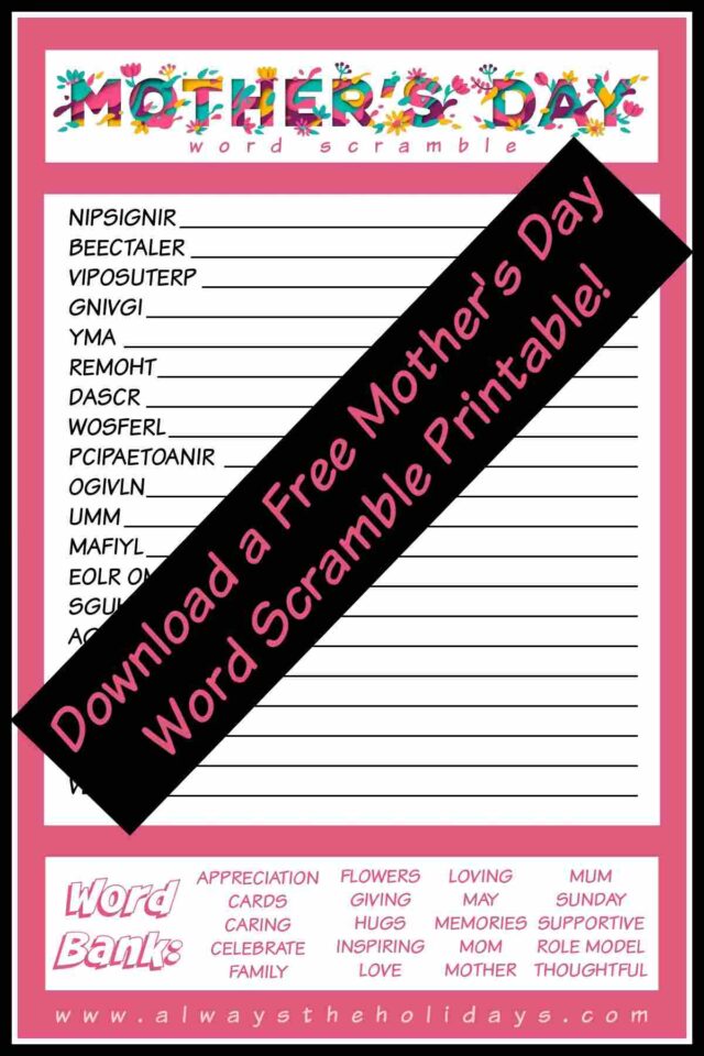 Mother's Day Word Scramble Puzzle - Free Mother's Day Printable