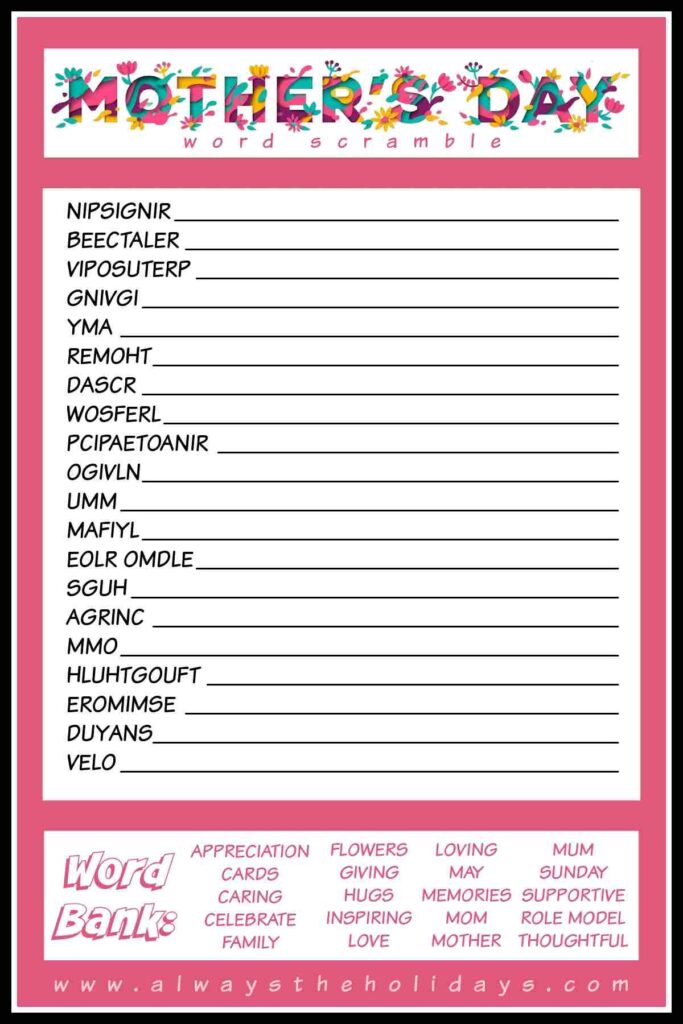 Mother's Day Word Scramble Puzzle - Free Mother's Day Printable