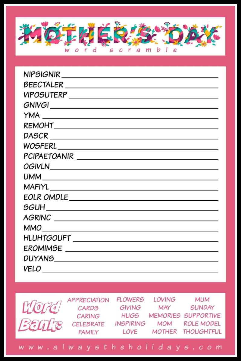 Mother's Day Word Scramble Puzzle - Free Mother's Day Printable