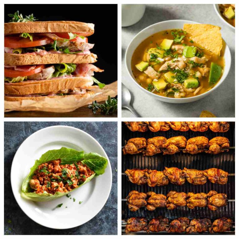 A collage of four easy rotisserie chicken recipes to celebrate National Rotisserie Chicken Day, featuring a images of the completed recipes: rotisserie chicken sandwich, chicken soup with avocado, chicken lettuce cups, and rotisserie chickens on spits.