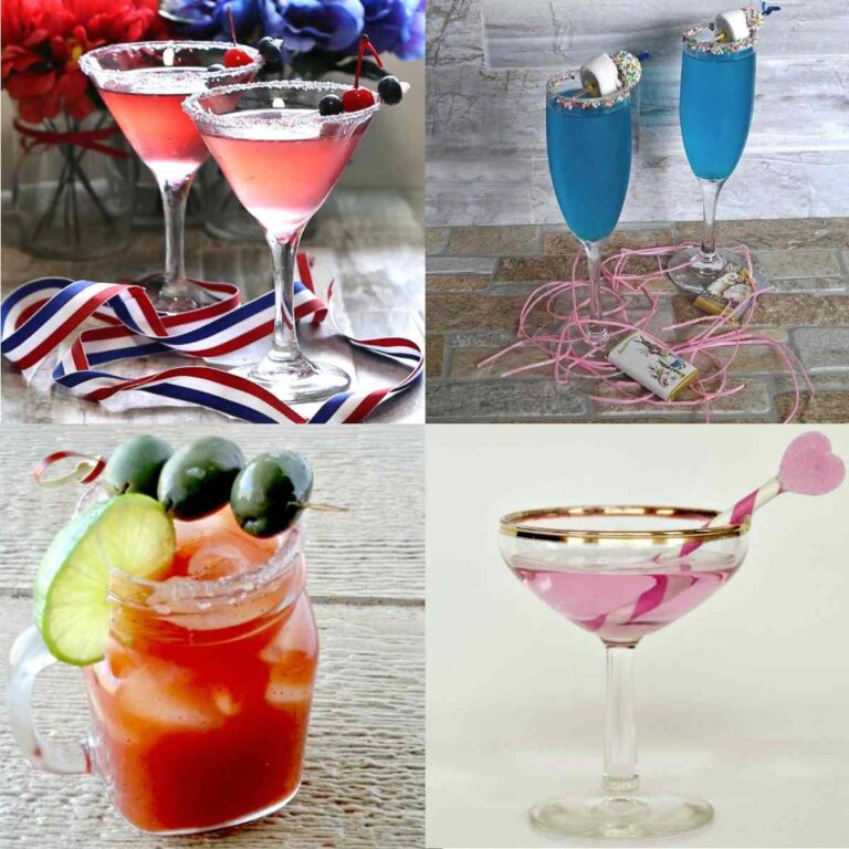 Four different cocktails to represent the drinking holidays of the year from top left clockwise there are two cosmopolitans for the 4th of July, then two midnight kiss cocktails for Easter, then a love potion cocktail for Valentine's Day, then a Michelada for Cinco de Mayo.