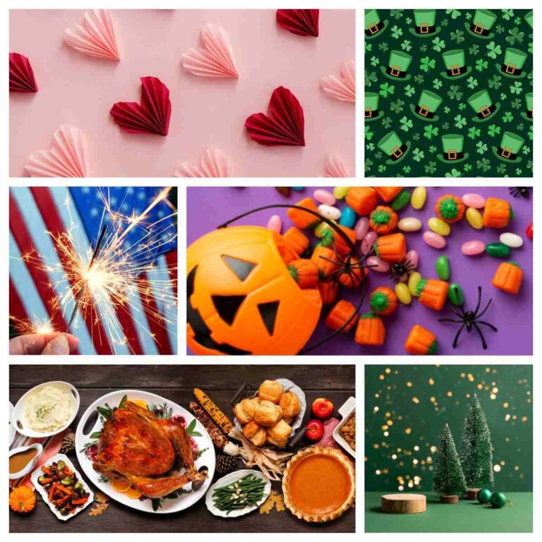 A holiday collage featuring six holidays, from top left to bottom right the holidays featured are Valentine's Day with paper hearts on a pink background, St. Patrick's Day with clip art shamrocks and hats, Independence Day with a flag and sparkler, Halloween with a jack o lantern of candy, Thanksgiving with a full table of food, and Christmas with a scene of two bottle brush trees arranged with lights in the background.