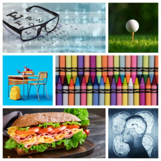A collage of six images represent the August awareness months and August national months, in order from top left to bottom right the images are an eye exam chart with a pair of glasses on it for National Eye Exam Month, a golf ball on a tee for National Golf Month, a school desk wit ha backpack beside it for National Back to School Month, two rows of crayons for National Crayon Collection Month, a sub loaded with deli meats for National Sandwich Month, and an image of an x-ray of a man's brain with the man imposed on top of it for Neurosurgery Awareness Month.