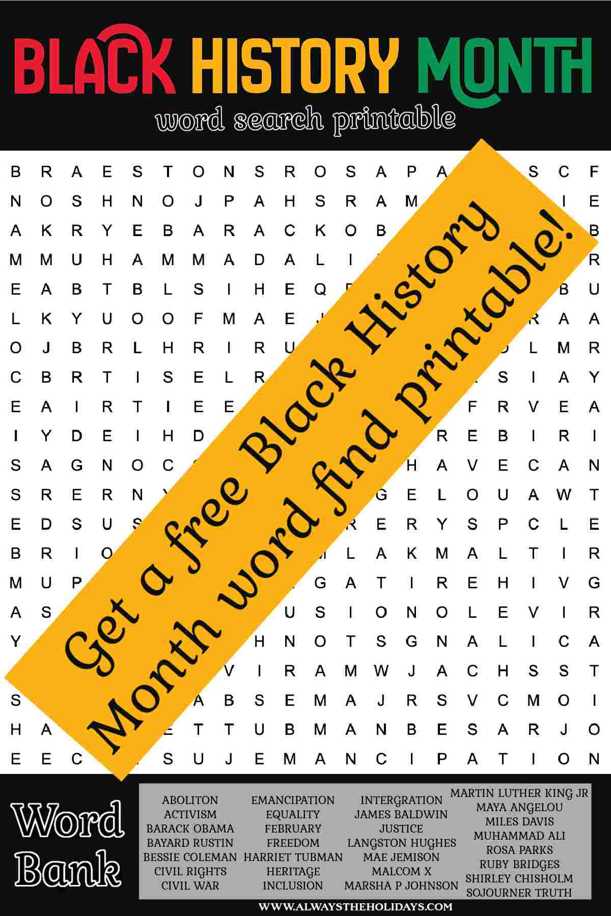 A Black History Month printable word search with a yellow banner across it and text that reads Get a free Black History Month word find printable.