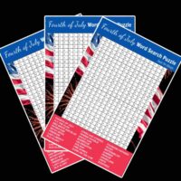 Three free 4th of July word search printables fanned out across a black background.