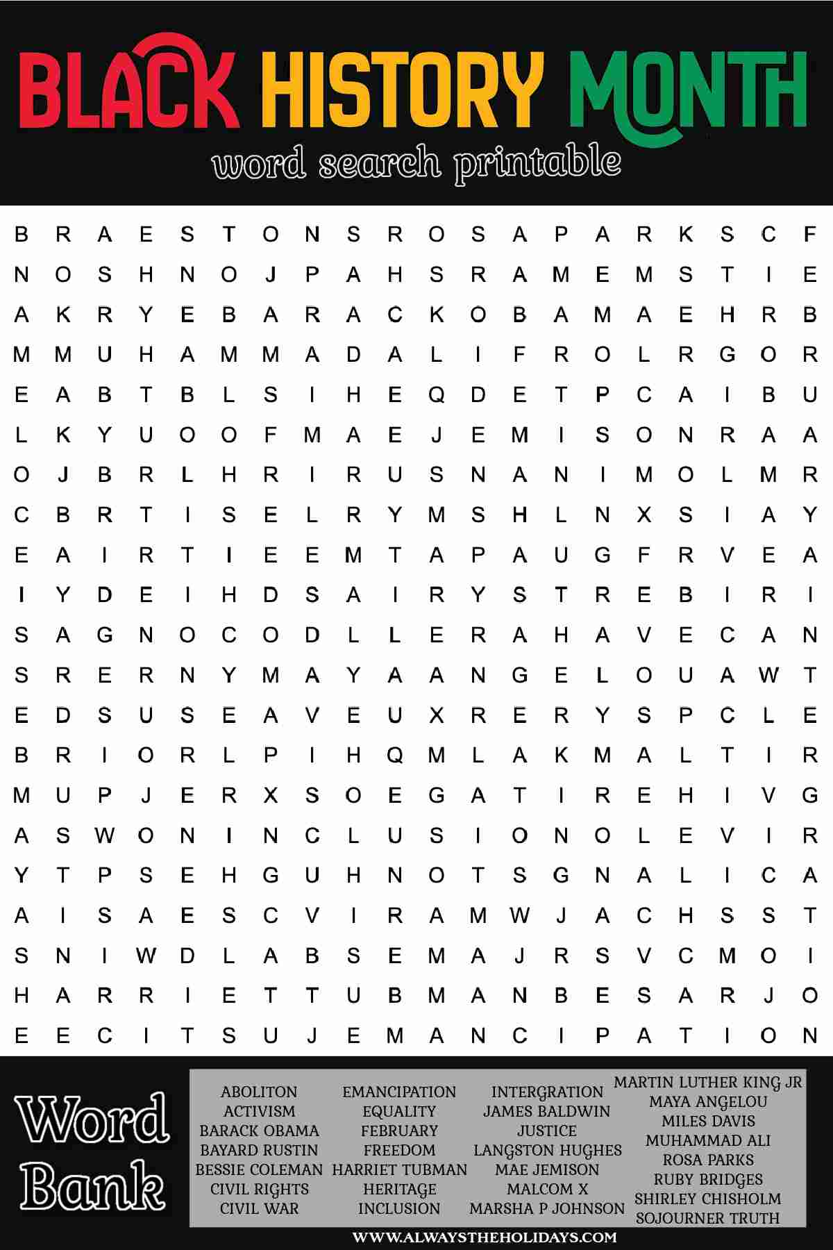 A free Black History Month word find printable, with the puzzle in the center of the image, a word bank of all the words contained at the bottom, and text in red, yellow, green and white lettering at the top that says Black History Month word search printable.