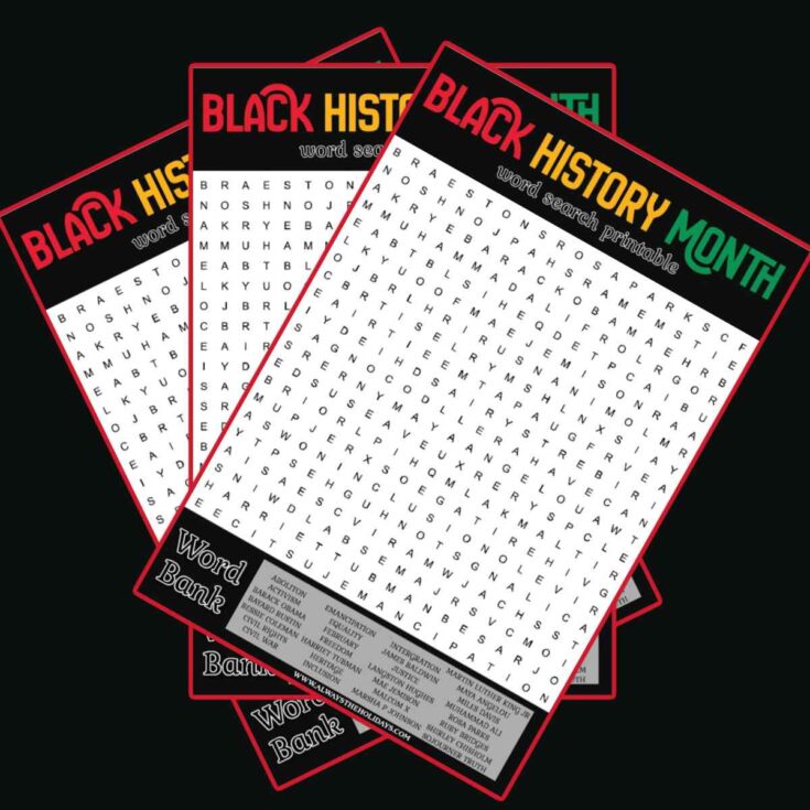 Three free Black History Month word search printables fanned out across a black background.
