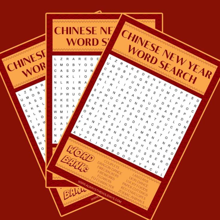Three free Chinese New Year word search printables fanned out across a burgandy background.