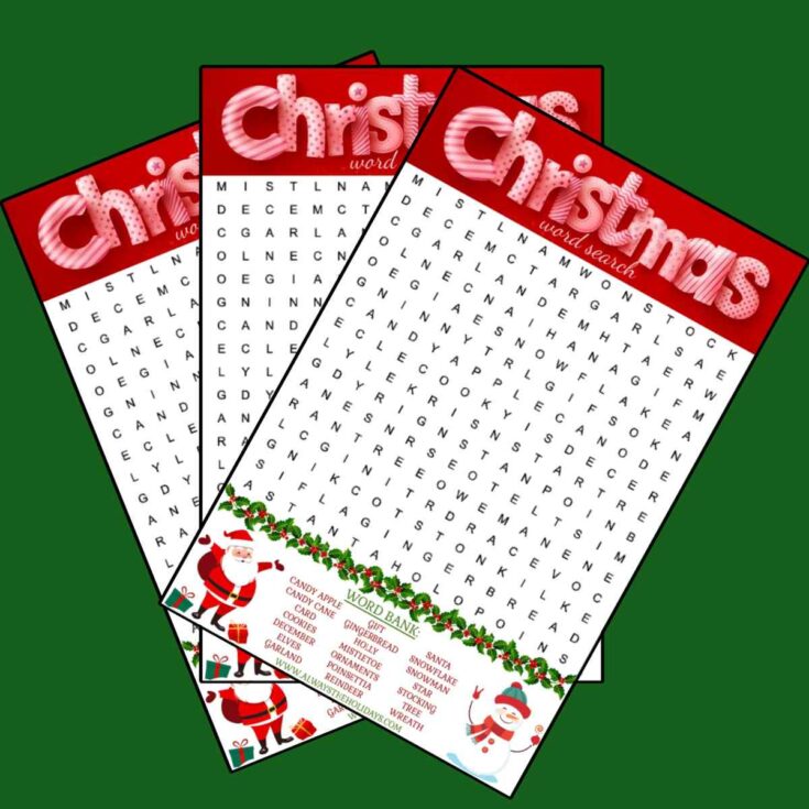 Three free Christmas word search printables fanned out across a green background.