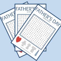 Three free Father's Day word search printables fanned out across a light blue background.