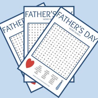 Three free Father's Day word search printables fanned out across a light blue background.