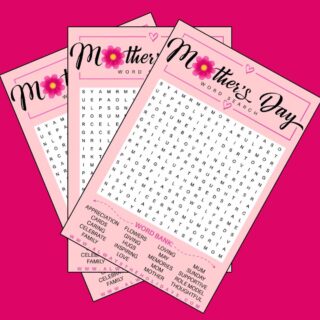 Three free Mother's Day word search printables fanned out across a dark pink background.