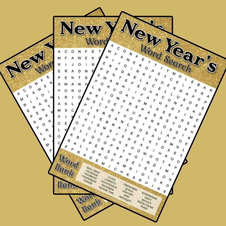 Three free New Year's word search printables fanned out over a gold background.