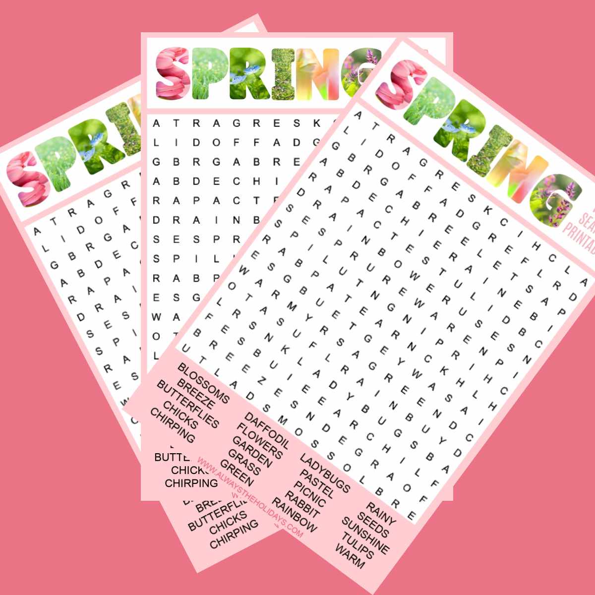 Three free spring word search printables fanned out across a pink background.
