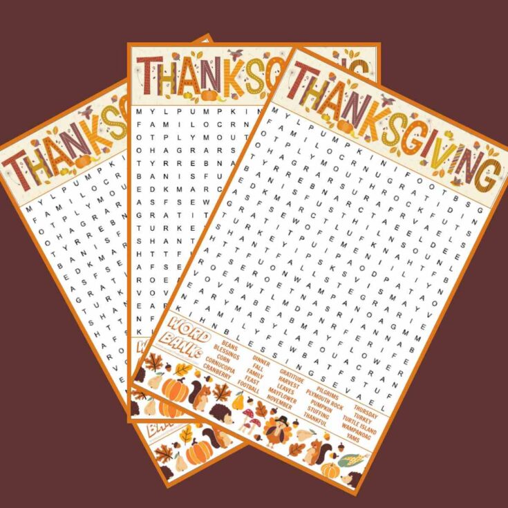 Three free Thanksgiving word search printables fanned out across a brown background.