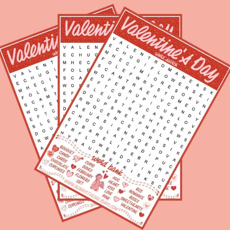 Three free Valentine's Day word search printables fanned out across a light pink background.