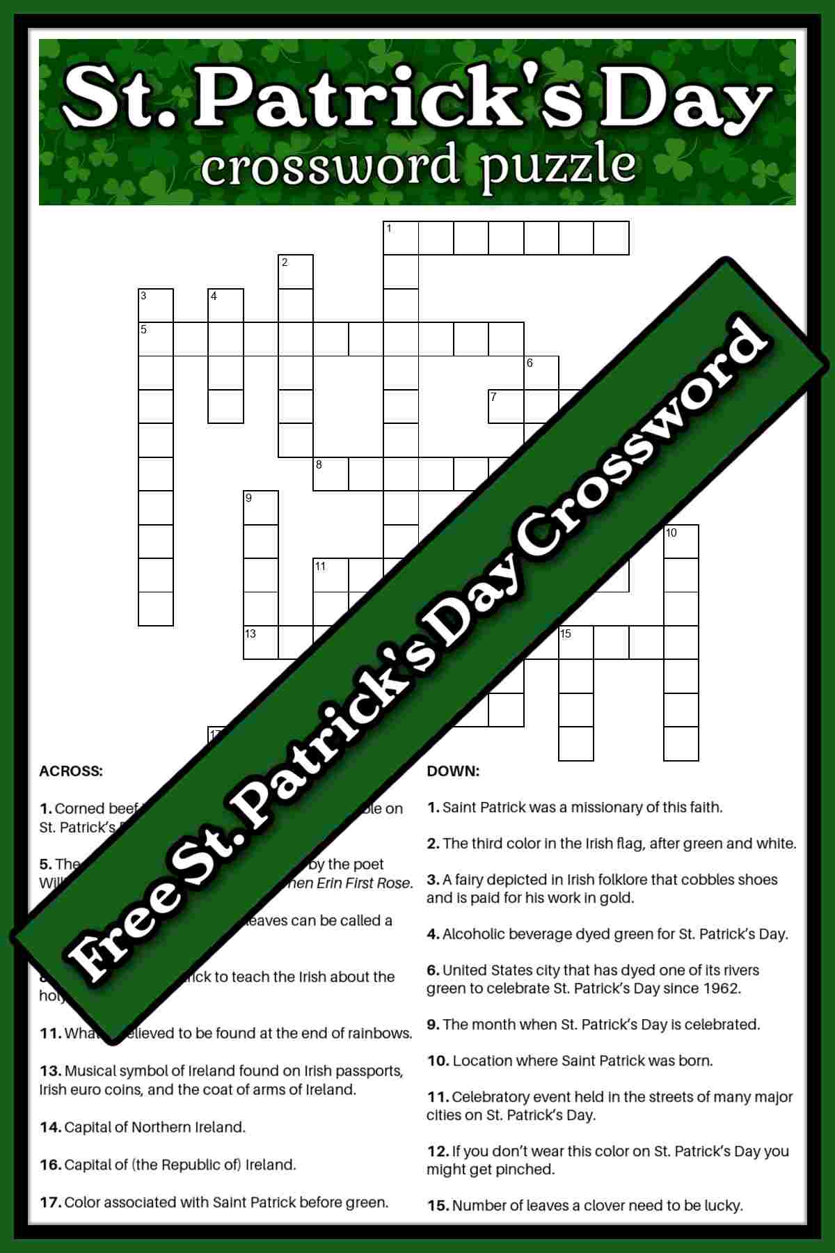 A free crossword puzzle printable with a green rectangle across it with a text overlay that says free St. Patrick's Day crossword in white lettering with a black outline.