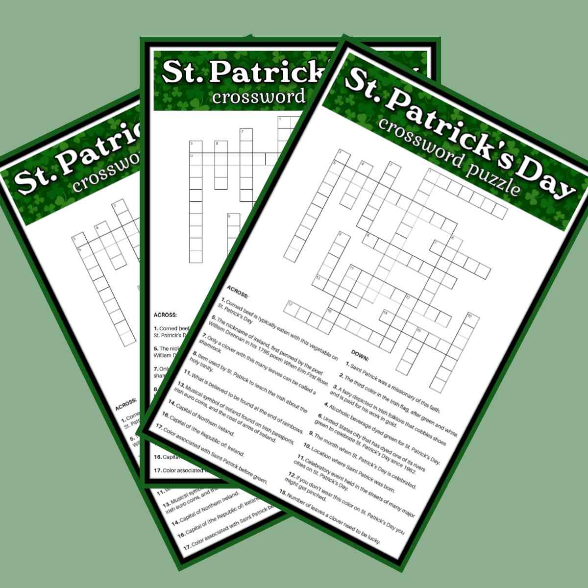 Three printable Saint Patrick's Day crossword puzzles layered over each other on a mint green background.