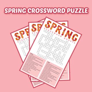 A pink background with three free printable crossword puzzles fanned out on it, with a text overlay at the top that says spring crossword puzzle.