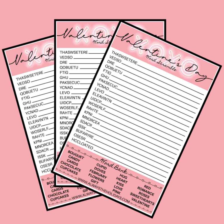 Three free printable Valentine's Day word scrambles fanned out across a pink background.