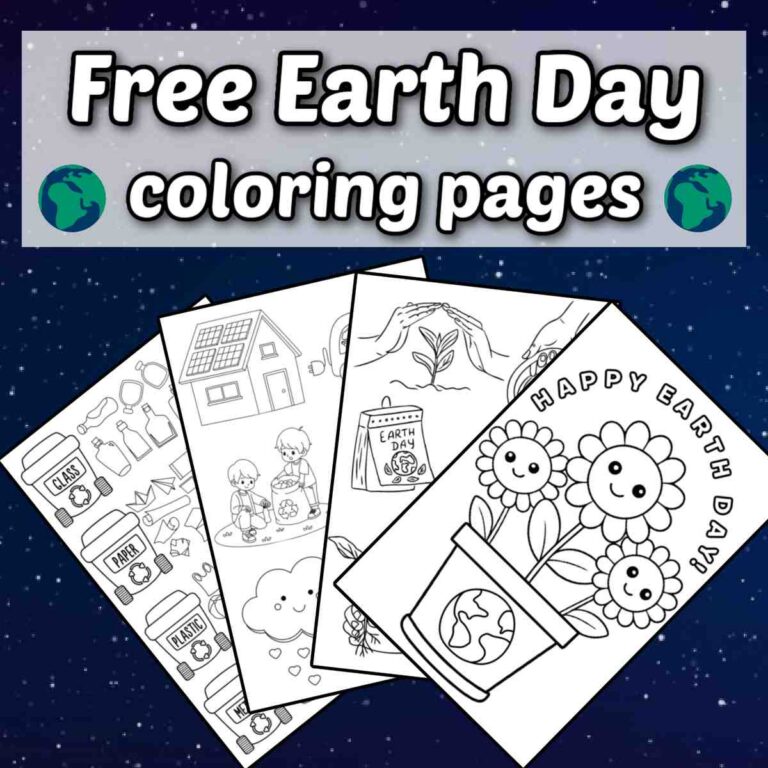 A collage of four different Earth Day coloring sheets fanned out under a text overlay that says free Earth Day coloring pages.