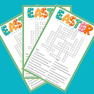 Three free Easter crosswords fanned out on top of each other on a teal background.