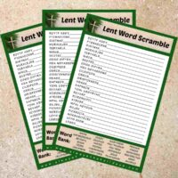 Three free printable lent word scrambles fanned out across a textured tan background.