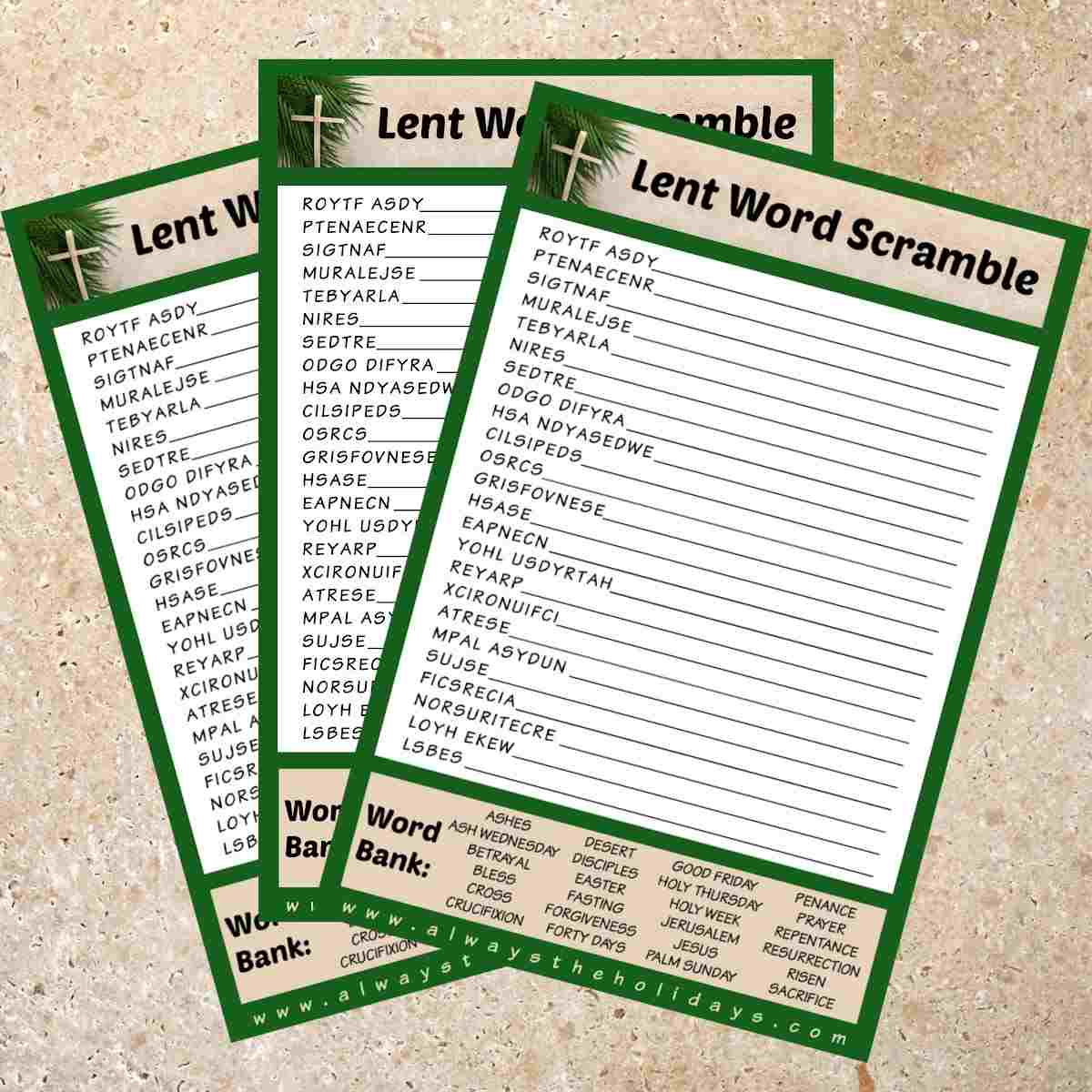 Three free printable lent word scrambles fanned out across a textured tan background.