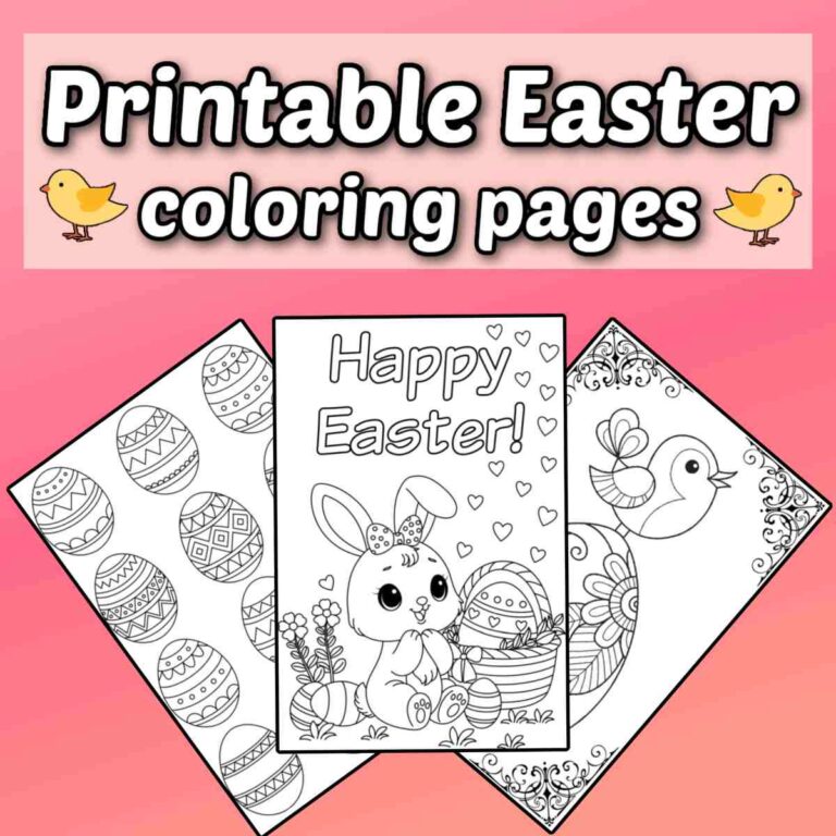 Three free Easter coloring sheets fanned out on a pink gradient background with a text overlay in a white box above them that reads printable Easter coloring pages.