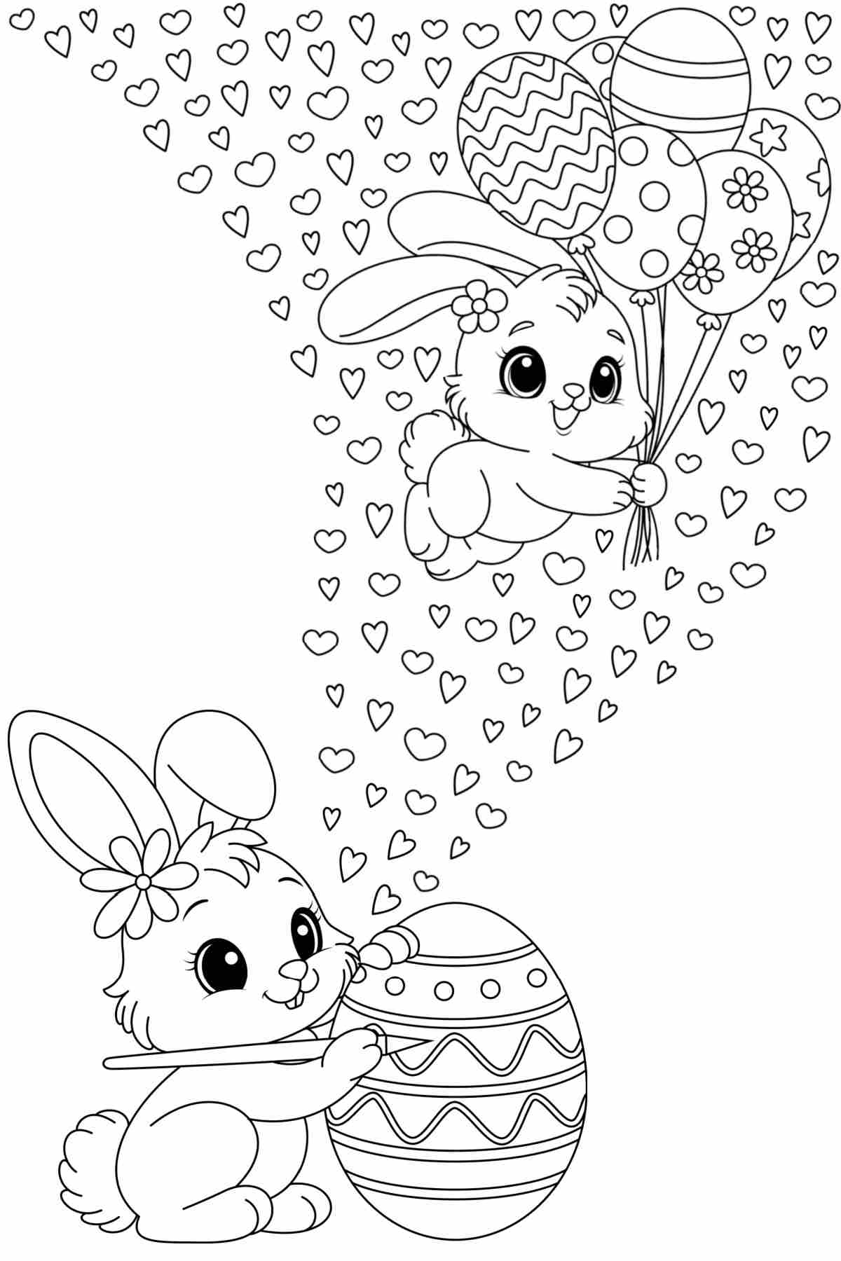 A free Easter bunny coloring sheets printable featuring one bunny painting an Easter egg, with hearts coming from the paint brush and a another bunny flying through the hearts with balloons.