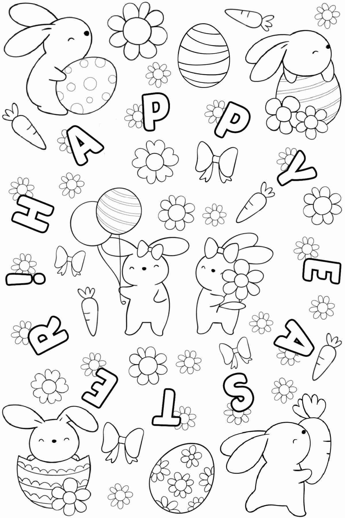 A free happy Easter coloring pages printable with bunnies, eggs, flowers, carrots and balloons filling the background of the image, with a text overlay in a circle in the middle that says Happy Easter.