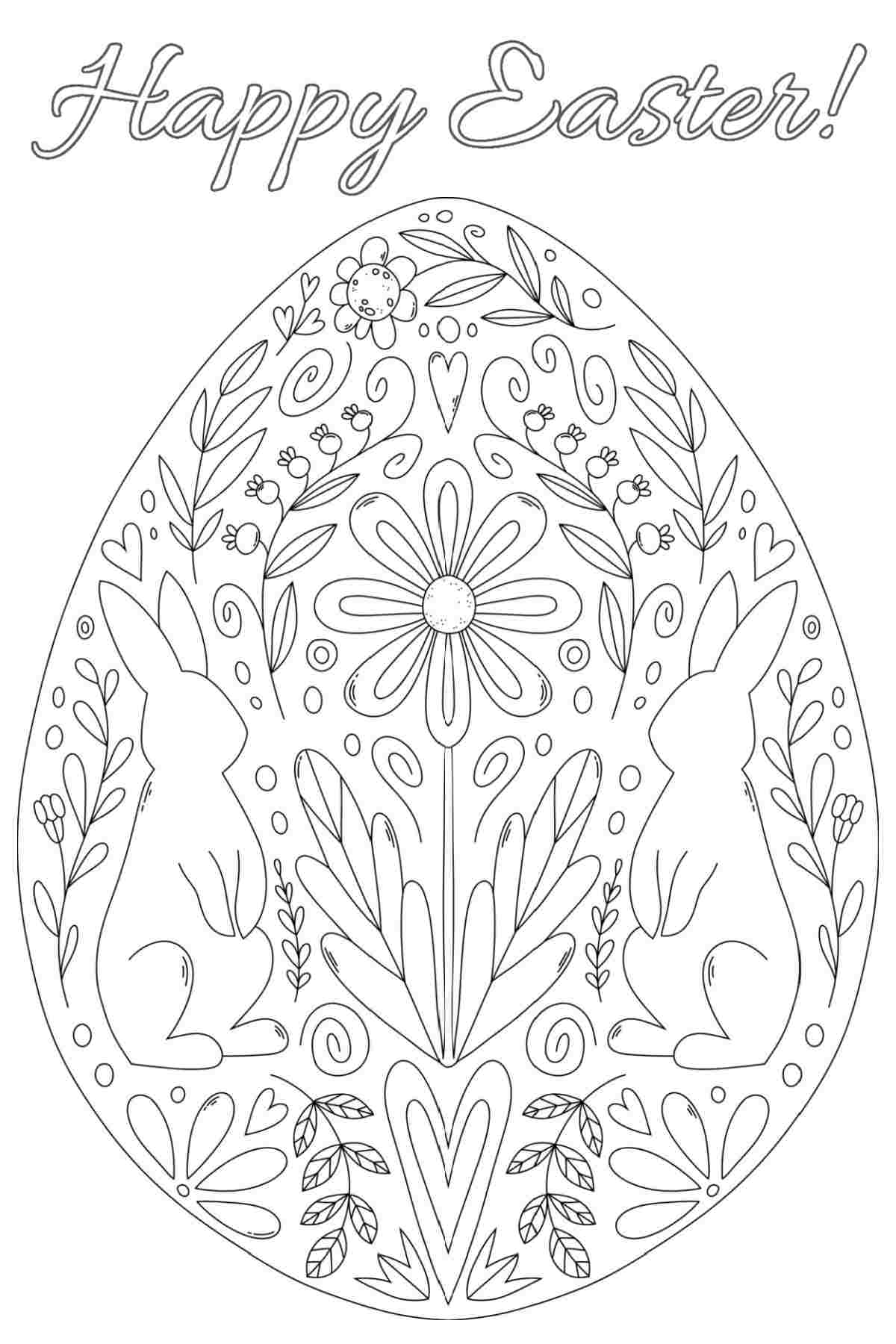 A printable Easter eggs coloring sheets image with a large egg covering most of the image, with a drawing of two Easter bunnies sitting on either side of a large flower, with other foliage around them, and a text overlay above the Easter egg that says Happy Easter.