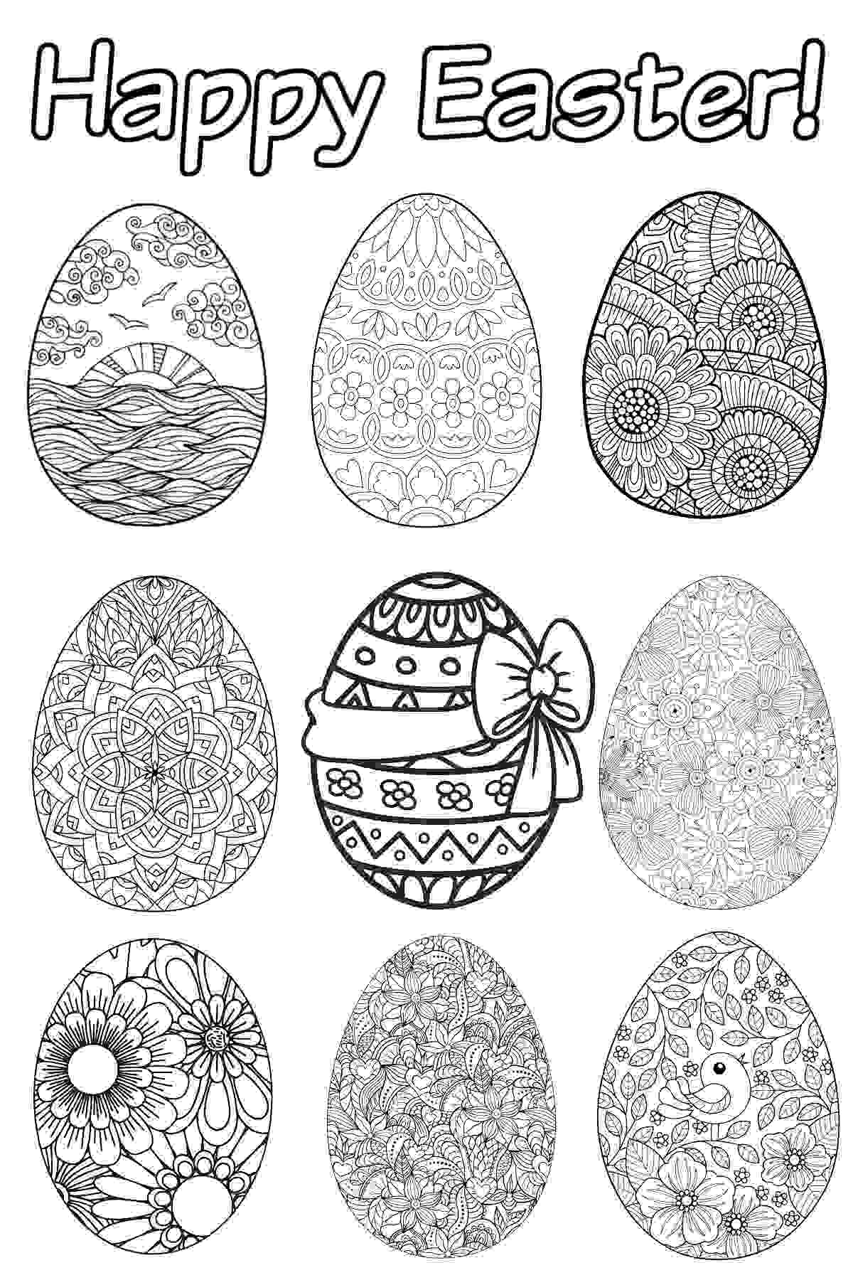 A free Easter egg coloring pages printable image with nine Easter eggs with a different design in each one including floral and geometric patterns, with a text overlay above them that reads Happy Easter.