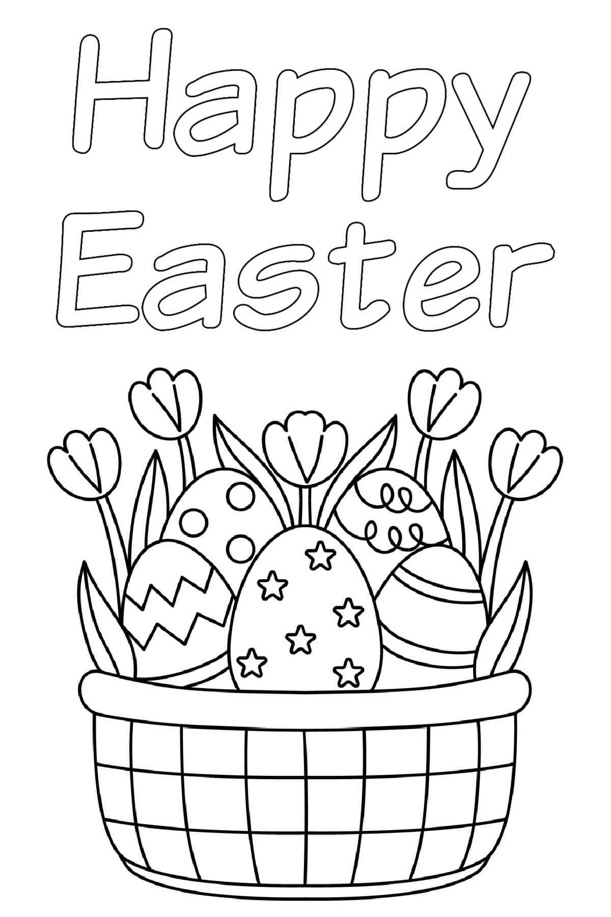 An Easter basket coloring sheets printable showing an Easter basket with no handle, filled with spring flowers and Easter eggs, with a text overlay above it that reads Happy Easter.