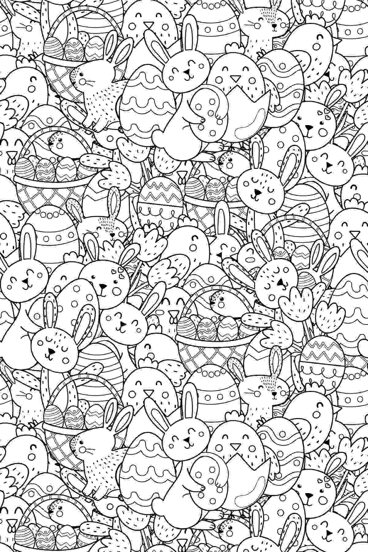 A free Easter coloring pages printable which is completely filled with Easter bunnies and Easter baskets.