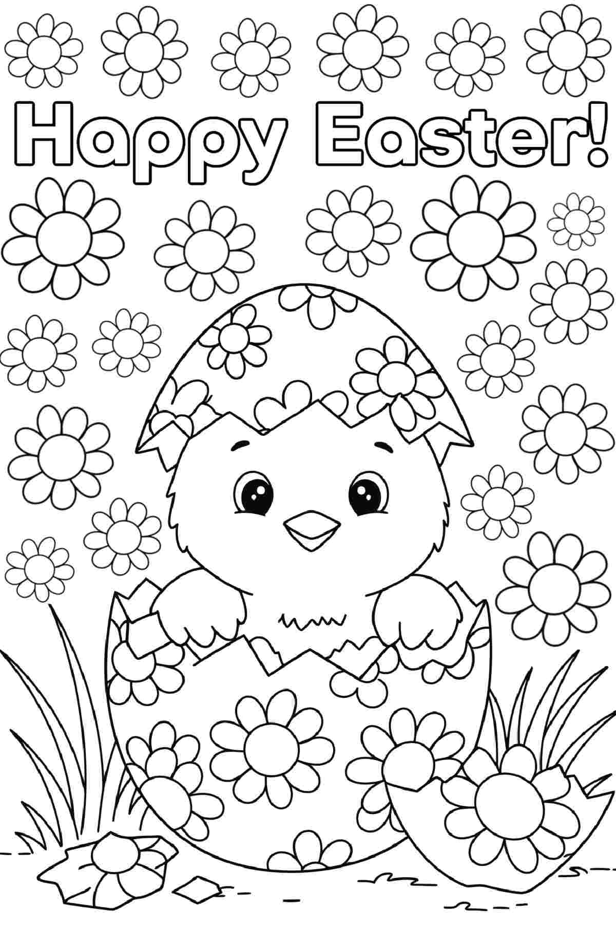 An Easter chick coloring pages printable that shows a chick hatching from an egg with a floral pattern on it, and flowers floating around it, with text that says Happy Easter above it.
