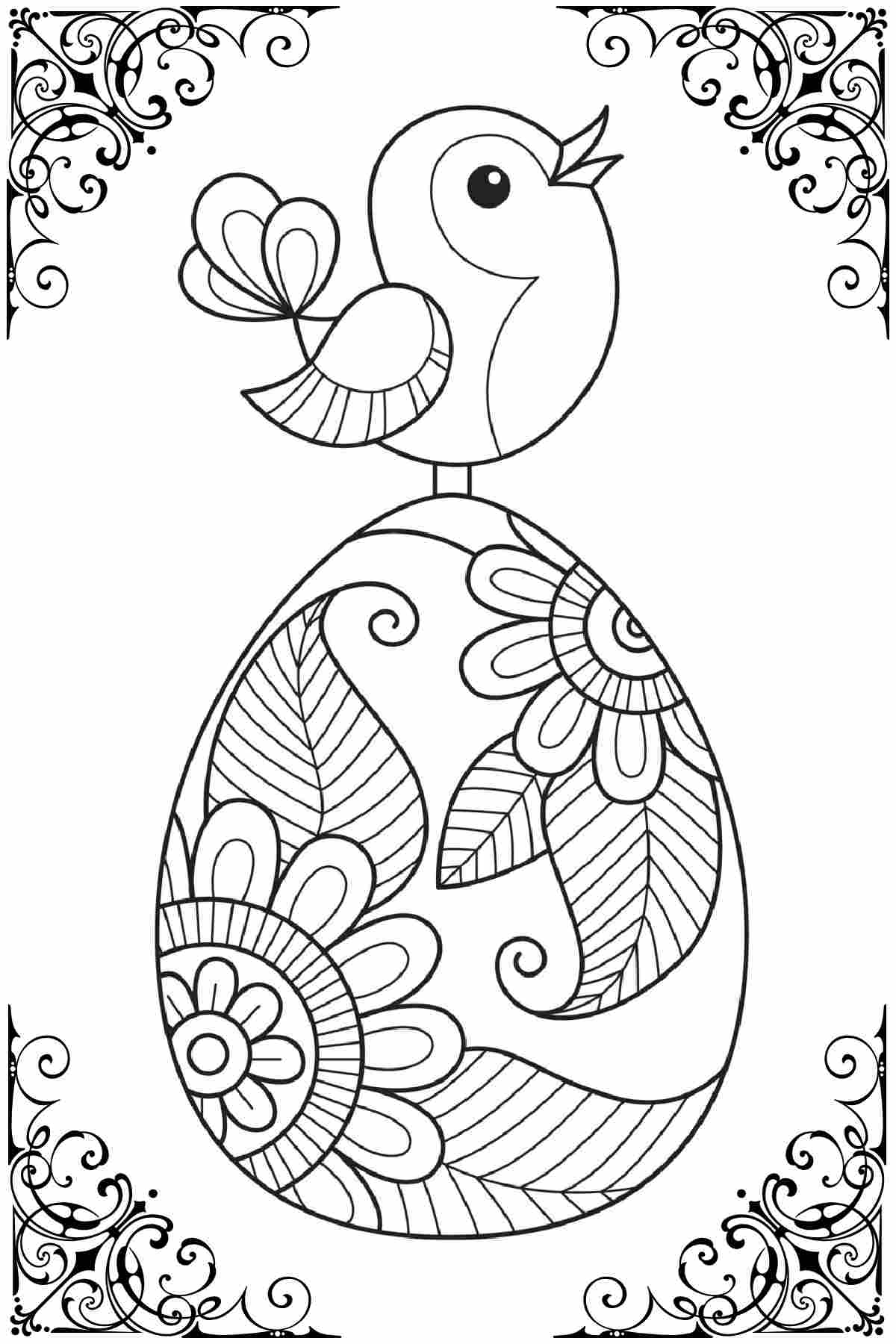 A free Easter chick coloring sheets printable with an Easter egg with a floral pattern in the center, with a chick perched on top of it, and an intricate line design in each corner.