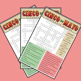 A light red background with three Cinco de Mayo crosswords fanned out across it.