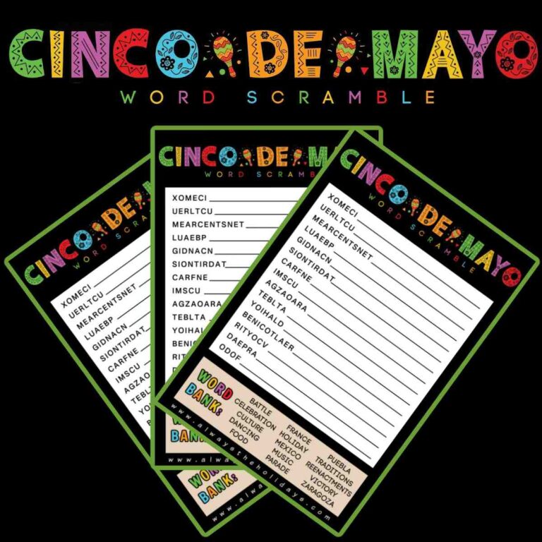 Three Cinco de Mayo printable word puzzles, fanned out under rainbow lettering that reads Cinco De Mayo word scramble.