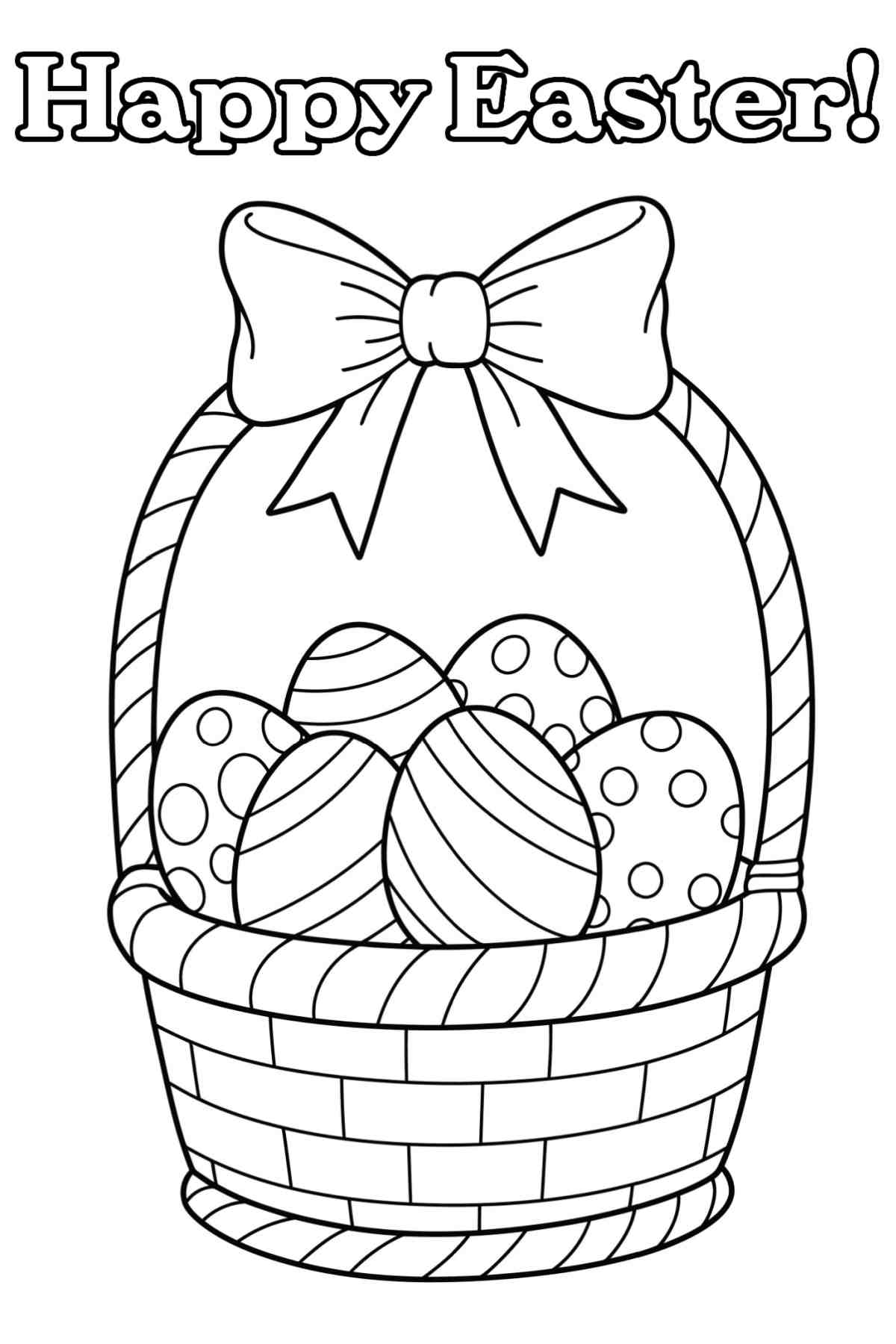 A printable Easter basket coloring pages image with a wicker Easter basket in the center, filled with eggs, with a bow on the handle, and a text overlay that says Happy Easter on it.