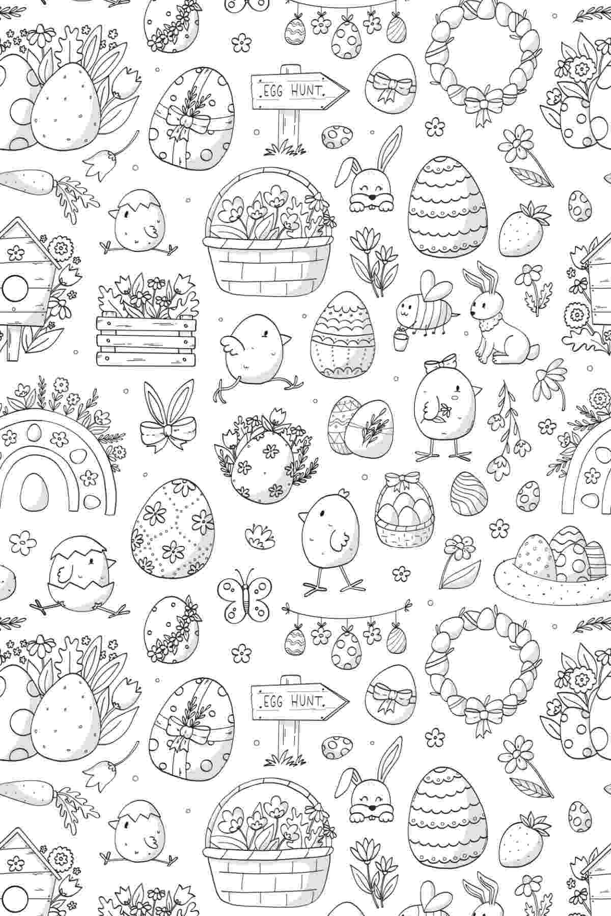 A free Easter coloring sheets printable with lots of tiny Easter images filling the entire page, including chicks, Easter eggs, and the Easter bunny.