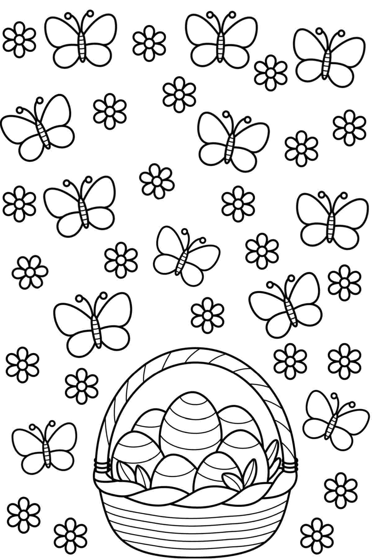 A free Easter basket coloring pages printable with an Easter basket filled with eggs in the bottom, with butterflies and little flowers floating above it.