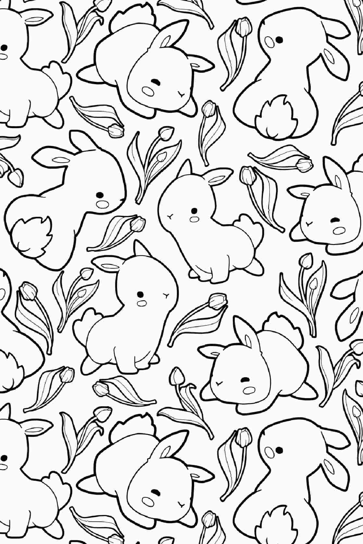 A printable Easter bunny coloring pages image with lots of bunnies filling the image, surrounded by tulips.