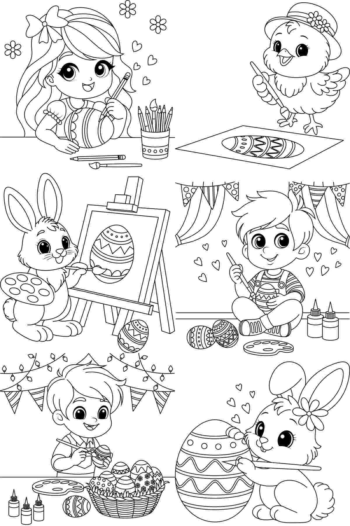 A free printable Easter coloring pages collage with six different Easter images, each one depicting someone painting an Easter egg, including two boys, a girl, two bunny and a chick.